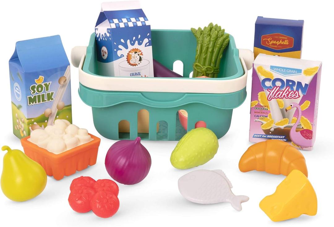 B. toys  Play Food & Basket  18 Pieces of Toy Food  Grocery, Cooking, Play Kitchen Toys  Pretend Play Set for Toddlers, Kids  2+ Years  Freshly Picked