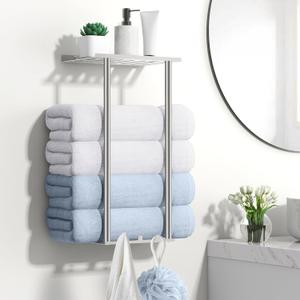 Towel Racks for Bathroom, Wall Mounted Bath Towel Holder Storage Organizer for Rolled or Folded Towels, Towel Storage for Small Bathroom (Brushed Nickle)