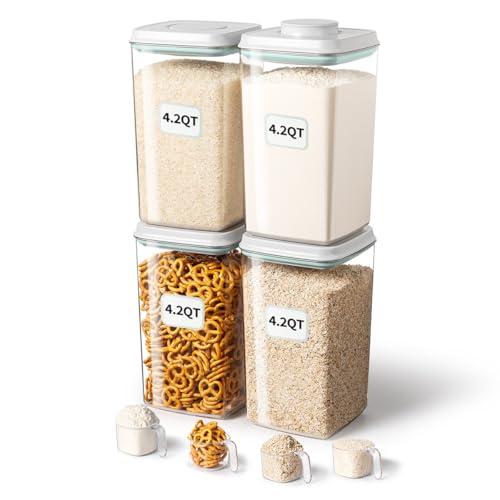 Ankou Airtight Food Storage Container with Pop Lid & 130ml Scoop, 4L/4.2qt *4 BPA-Free Cereal, Rice, Flour, Pasta & Snack Container, Stackable & Durable,Kitchen Pantry Organizer