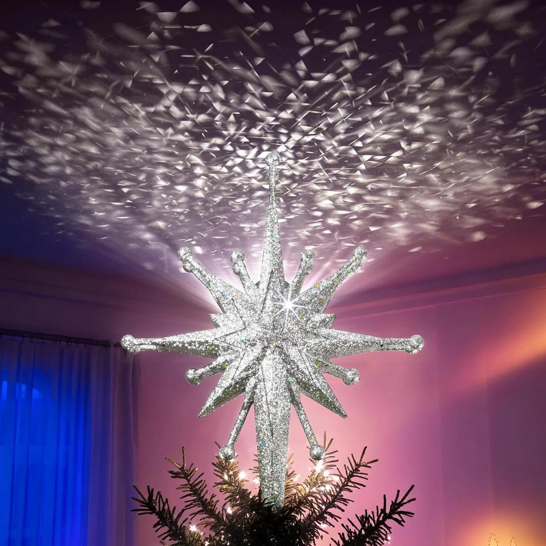 2025 Upgraded Christmas Tree Topper Projector Light with Rotating Bright LED & Wide Coverage, Universal Fit for Any Height Tree, Easy Install, Stable Base, Holiday & Party Decorations (Frosted Silver)