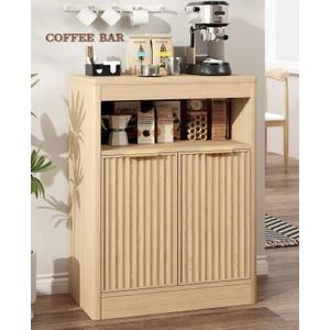 Fluted Buffet Cabinet with Storage, Small Coffee Bar Cabinet with Doors & Adjustable Shelves, Wood Storage Cabinet for Kitchen, Living Room, Entryway, Oak
