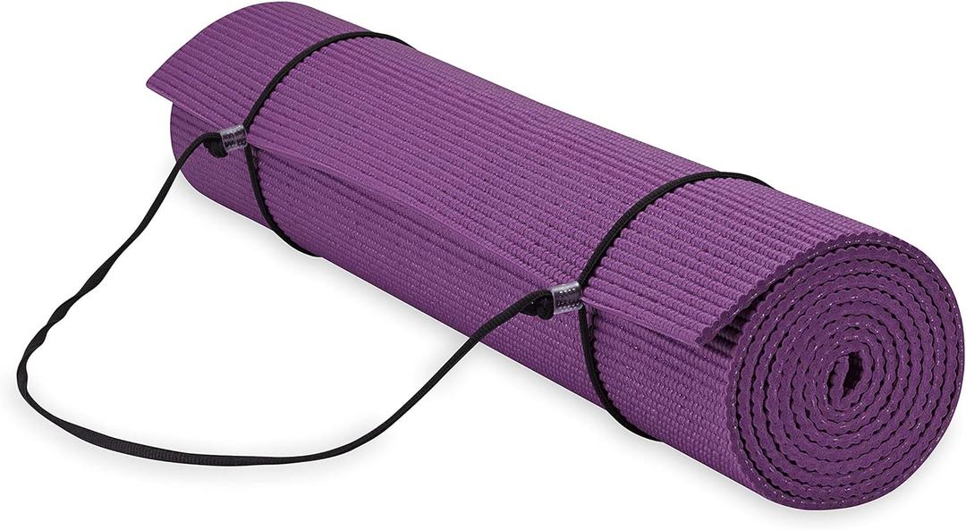 Gaiam Essentials Thick and Thin Yoga Mat Fitness & Exercise Mat with Easy-Cinch Carrier Strap (6MM, Purple)