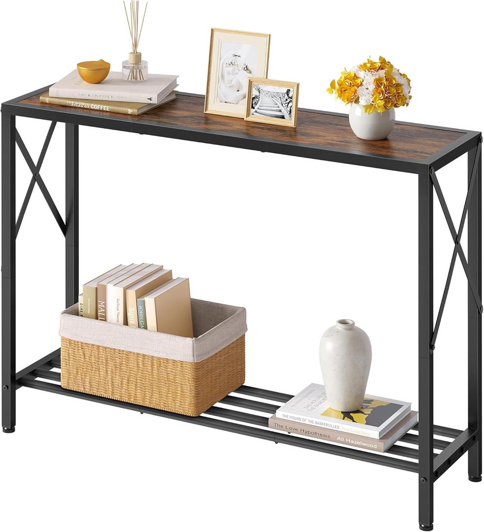 Tajsoon Console Table 41.8, 2-Tier Industrial entryway Table, Narrow Sofa Table with Shelves, Entrance Table for Entryway, Hallway, Living Room, Foyer, Corridor, Office, Rustic Brown