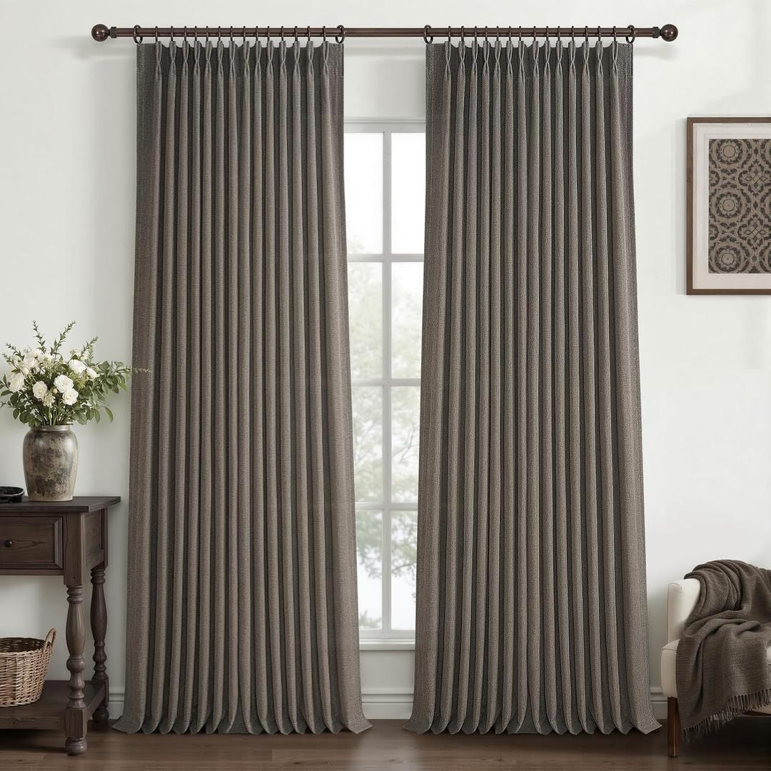 Pleated Chocolate Tart Natural Linen Curtains 96 Inches Long for Sliding Glass Doors, Memory Trained Semi Sheer Drapes Light Filtering Privacy 8FT Length Rustic Windows Curtain 2 Panels Set Back Tab