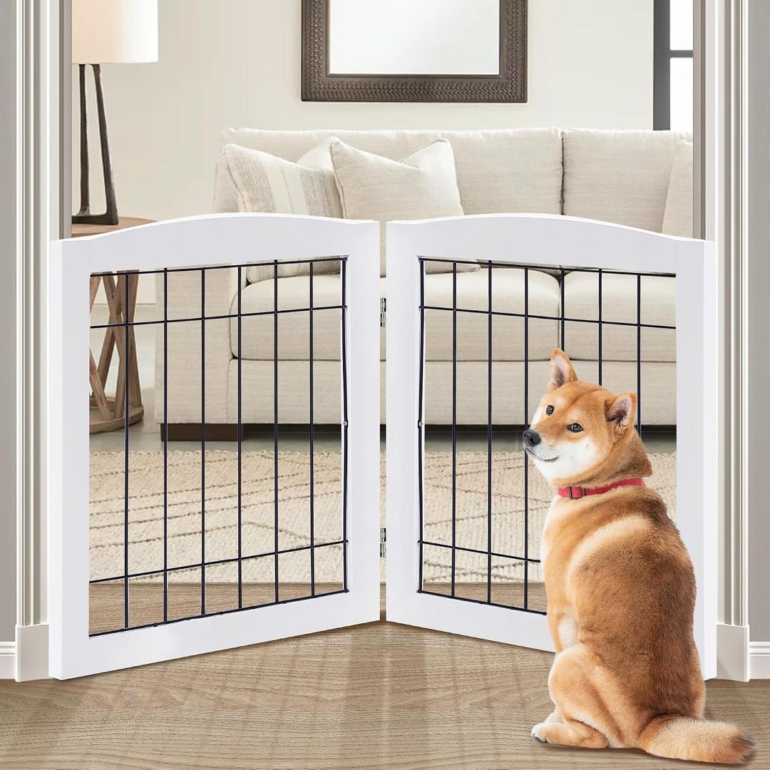 LZRS 2-Panel Freestanding Foldable Wood Dog Gate Solid Wood & Steel Wire, Chew-Resistant Pet Barrier for Indoor Use, Ideal for Small to Medium Dogs, 24"Height-2 Panel, White