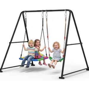 2-in-1 Swing Set for Backyard for Kids, with 1 Platform Swing, 1 Belt Swing, 440lbs Metal Swing Set for Toddler, Heavy-Duty Swing Stand w/8 Ground Stakes, Outdoor Swingset for Kids Adults (Black)