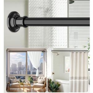 Tension Curtain Rod, Extra Long Outdoor Curtain Rod 43-131 Inch Adjustable, 1.1 Inch Diameter Thick Heavy Duty Black Spring Curtain Rod, Stainless Steel Shower Rod for Bathroom No Drilling, No Rust