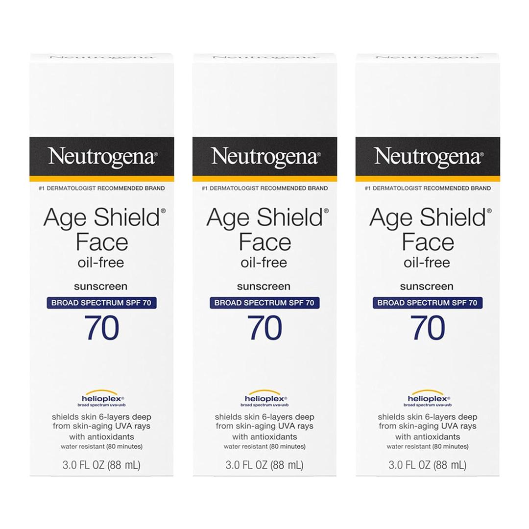 Neutrogena Age Shield Face Oil-Free Sunscreen Lotion with Broad Spectrum SPF 70, Non-Comedogenic Moisturizing Sunscreen to Help Prevent Signs of Aging, PABA-Free, 3 fl. oz (Pack of 3)