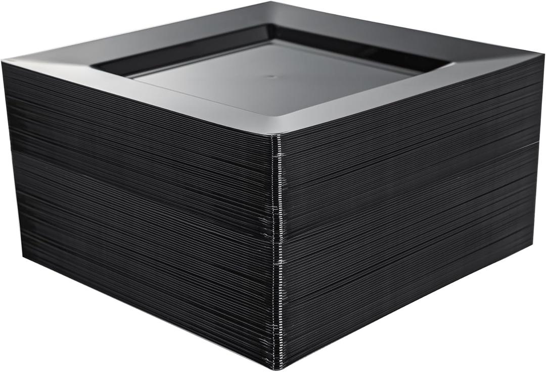 100 PCS Black Plastic Dinner Plates, 9.5" Square Heavy-Duty Disposable Plates Dessert Plates Serving Dishes for Wedding, Party, Easter, Christmas