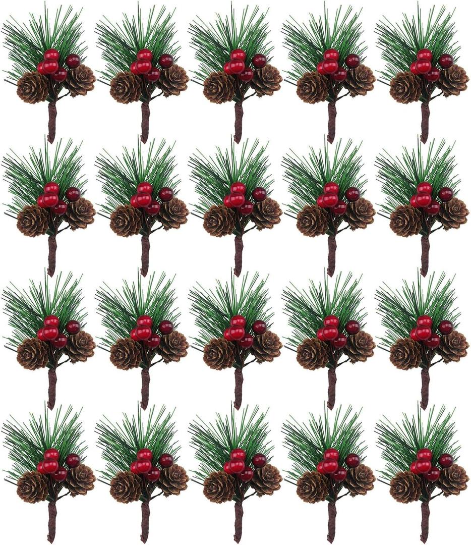 20PCS Artificial Pine Picks Small Pine Tree Plants Red Pinecones for Christmas Flower Arrangements Wreaths and Holiday Decorations