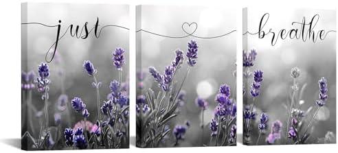 iKNOW FOTO 3 Pieces 'Just Breathe' Bedroom Wall Art - 12x16'' Each, Purple Lavender Pictures with Inspirational Quotes, Canvas Print Artwork for Bathroom, Bedroom, Yoga Zen Decor