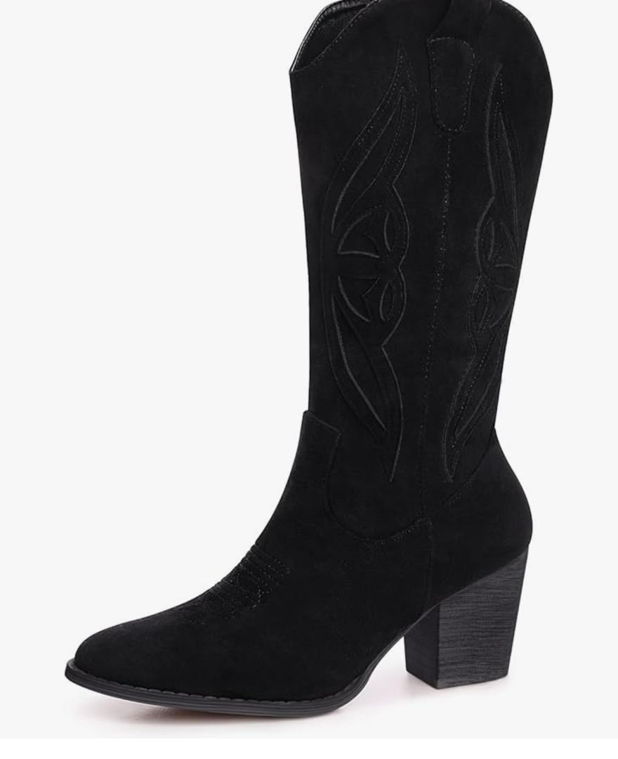 SHIBEVER Cowboy Boots for Women 2025: Mid Calf Cowgirl Boots Western Embroidered Country High Heel Pointed Toe Booties, Size 39