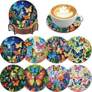 EWJRNSF 8 PCS Diamond Art Coasters Kit, Small Diamond Painting Coasters, Fall Butterfly Diamond Art Kits for Adults Beginners, Arts and Crafts Supplies Item Sets with Holder