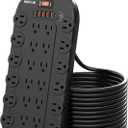DEPOW 10Ft Power Strip Surge Protector with 24 AC Outlets (1875W/ 15A) 6 USBs (2 USB-C Ports), 3, 400 Joules, Heavy Duty Flat Plug Extension Cord, Wall Mountable for Home, Office, Black, ETL Listed