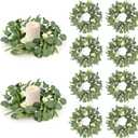8 Pcs Green Artificial Eucalyptus Candle Rings Wreaths Mini Green Kitchen Cabinet Wreath Table Centerpieces Spring Summer with White Berry for Pillars Farmhouse Porch Front Door Wedding Decor