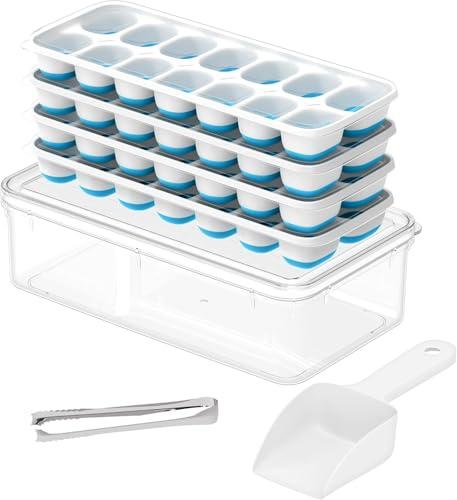 ChefAide Ice Cube Tray with Lid and Bin,4 Packs 56 Cubes Silicone Plastic Ice Cube Trays for Freezer, Stackable Ice Tray with Container, Ice Scoop,Ice Tong for Drinks, Coffee and Cocktails Blue