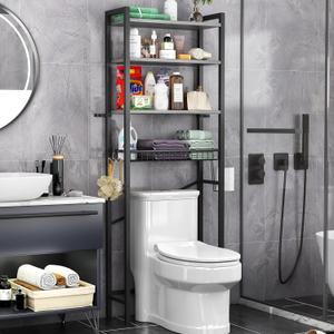 Kalrin Over-The-Toilet Storage Rack, 4-Tier Bathroom Organizer Shelf Over Toilet with Adjustable Shelf and Basket, Freestanding Space Saver Bathroom Shelves Above Toilet for Room (Pure Gray), X-Large