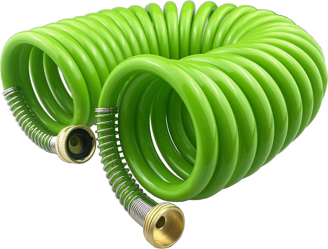 Garden Hose,25 Feet Green PU Curly Water Hose with Brass Connectors,Watering Hose Coil,Retractable,Corrosion Resistant Garden Coil Hose