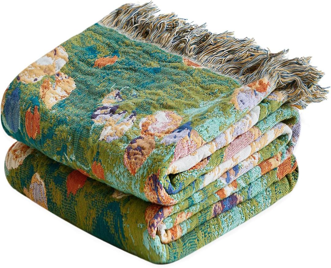 LUTBM Boho Throw Blanket for Bed Cotton Spring Blankets Twin Size for Bedroom Living Room All Season Lightweight Floral Embroidery Reversible Quilt for Couch Sofa Chair 60"x80" Home Decor (Floral Green Garden)