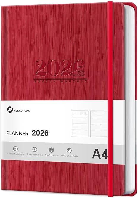 2026 Planner, Large Weekly and Monthly Planners, A4 Faux Leather Daily Calendar 2026 Planner, 12 Month Agenda from Jan. to Dec., Hardcover Habit Tracker Journal(Red)