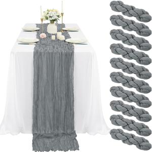 10 Pcs Gray Cheesecloth Table Runner 10FT, Gauze Table Runner for Wedding Reception Sheer Bridal Shower Birthday Party Boho Table Decoration, Rustic Romantic Wedding Runner (Grey)