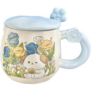 Cute Ceramic Coffee Mug Adorable Cat Dog Tea Milk Cup with Lid Spoon Heat Resistant Animal Coffee Mug Gift for Cat Dog lovers Women Girl Office Home