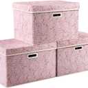 PRANDOM Larger Collapsible Storage Boxes with Lids Fabric Decorative Bins Cubes Organizer Containers Baskets Handles Divider for Bedroom Closet Living Room Pink 17.7x11.8x11.8 Inch 3 Pack