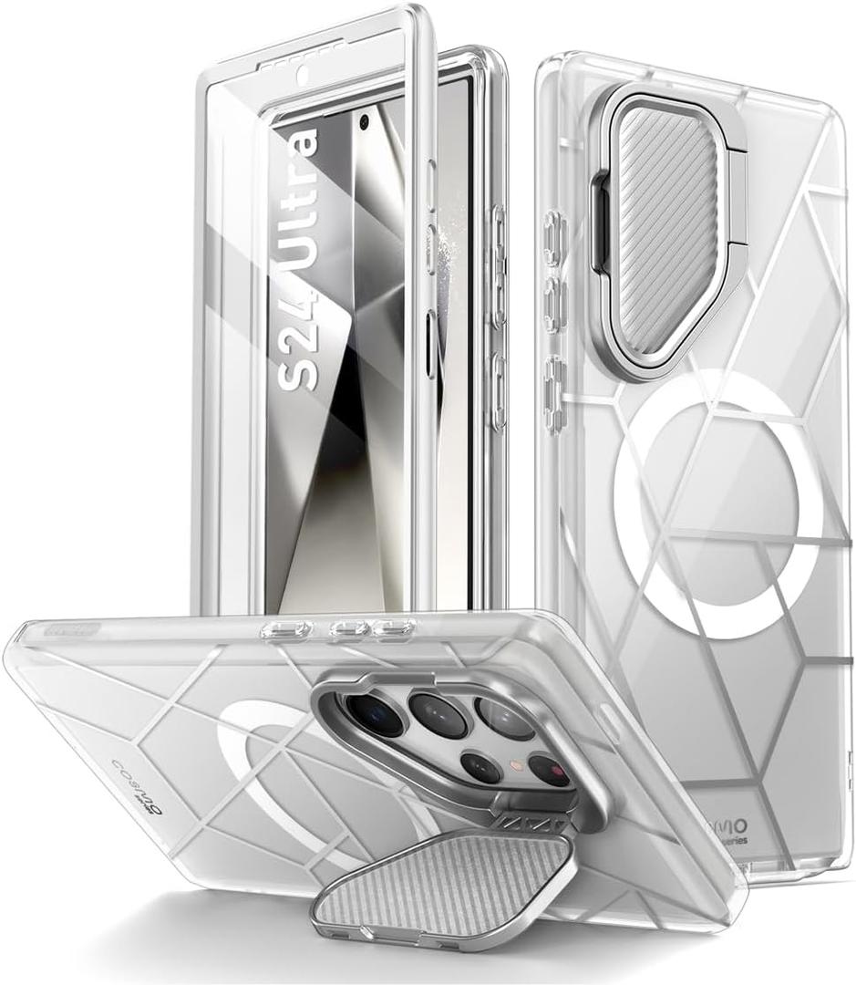 i-Blason Cosmo for Samsung Galaxy S24 Ultra Case with Camera Cover Stand, [Support MagSafe] Stylish 360 Full Case with Screen Protector & Kickstand Magnetic Phone Case for S24 Ultra, Clear
