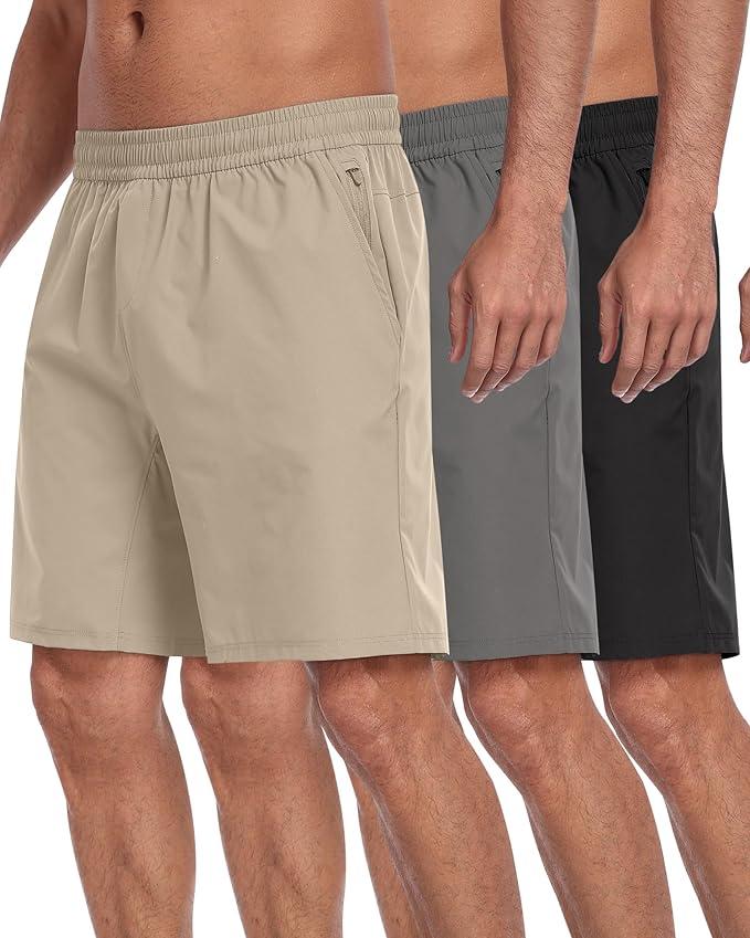 PARISDIARY 3 Pack Men's Athletic Running Shorts with Zipper Pockets,Quick Dry Gym Workout Basketball Hiking Shorts for Men (L, 3 Packs-/ Dark Gray/Khaki)