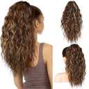 SEIKEA 18" Highlight Ponytail Extension, PT002 Tia Claw Long Multi Layered Fluffy Thick Wavy Curly Jaw Clip in Fake Pony Tails Fake Hair Soft Synthetic Hairpiece Chocolate Brown Blonde Highlights