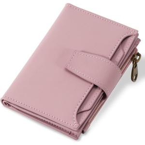 Small Wallet Women RFID Blocking Soft Leather Bifold Compact Card Holder Wallet for Women with Zipper Coin Pocket 4 ID Window (Light Pink)