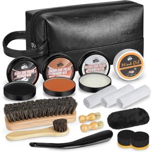 Shoe Shine Kit for Men & Women, 16Pcs Black Shoe Polish Kit for Leather Boots Care, Mens Gifts Ideas