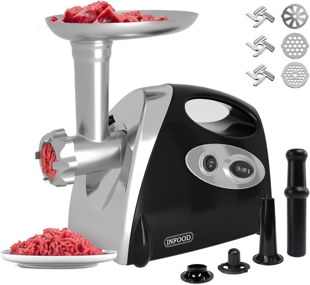 Electric Meat Grinder with Handle, Sausage Stuffer Maker, Heavy Duty Meat Mincer with 3 Stainless Steel Cutting Blades, 3 Grinding Plates, 1 Sausage Maker & Kubbe Kit for Home Kitchen Use