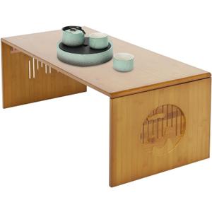 Folding Floor Table Bamboo Adjustable Low Coffee Table with Landscape Carving, Versatile Tatami Foldable Table No Assembly for Sitting on The Floor Used in Living Room Office 31.5inch