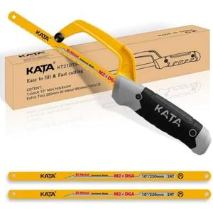 KATA Mini Hacksaw for Metal Cutting, Compact Hand Hack Saw Tool with 10 Inch Aluminum Frame and 2 Piece Extra Flexible Bi-Metal HSS Saw Blades, Small Handsaw Cutter for Wood, PVC, Iron, Copper