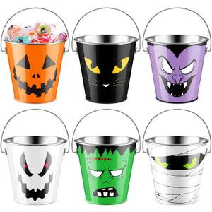 Tioncy 12 Pcs Halloween Pumpkin Bucket Bulk Metal Trick Treat Party Favors Pail with Handle Small Candy Pumpkin Bucket Jack O Lantern Basket for Trick or Treat Party Favor Supplies