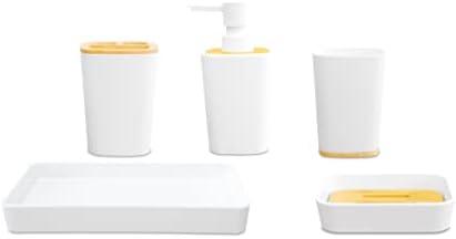 Lutong Classic 5-pcs Bathroom Accessories Set -Bathroom Toothbrush Holder, Lotion Soap Dispenser, Soap Dish, Tumbler Cup, Toilet Brush and Holder, Modern Bathroom Decor Vanity Organizer, Matte White