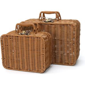 Mini Wicker Picnic Basket, Decorative Prop Suitcase Vintage Storage Hamper Makeup Organizer, Metal Lock Rattan Storage Box with Handles for Sundries Travel Camping and Outdoor Party (Brown, L+S)