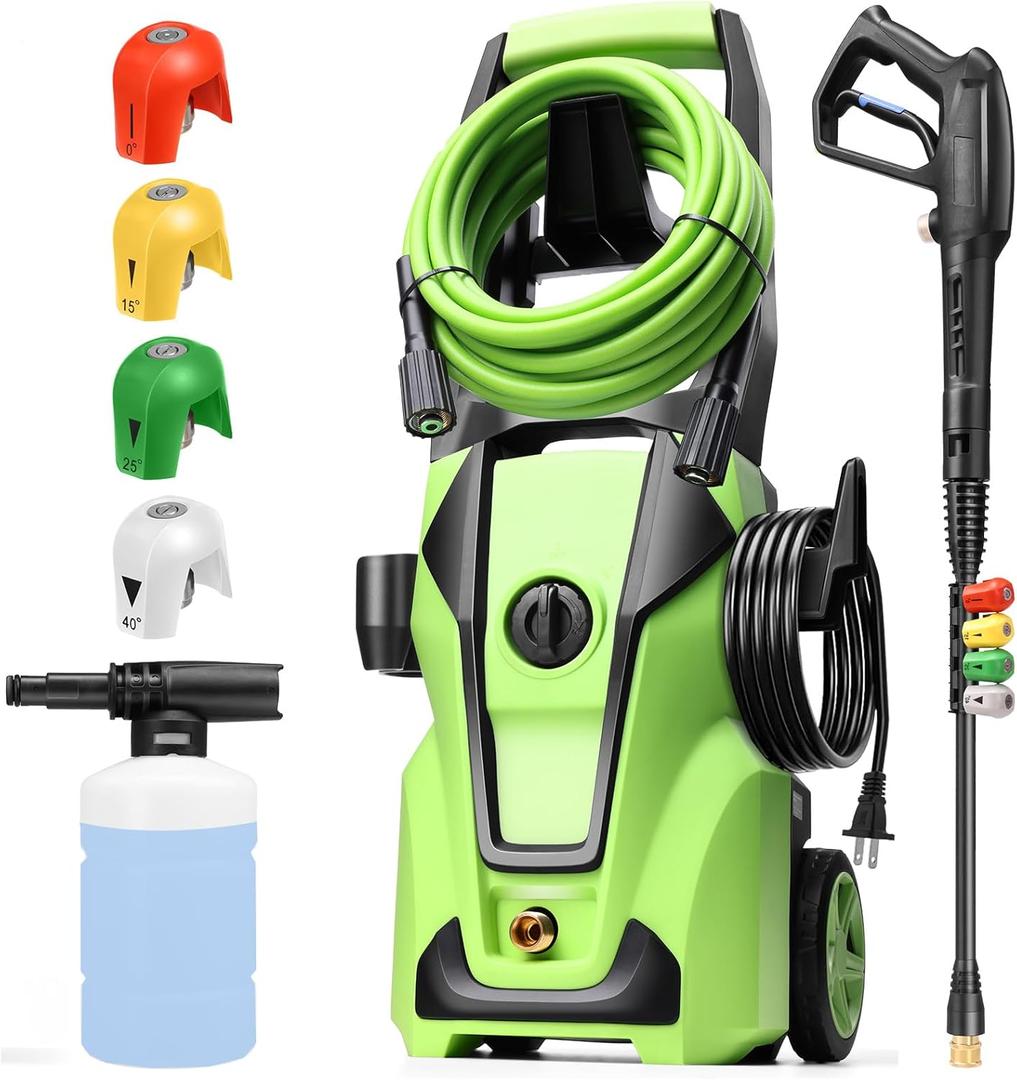 Professional Pressure Cleaner, 5000PSI Power Cleaner with Foam Cannon,4 Nozzles,33FT Hose and Soap Bottle, Car/Driveway/Patio Clean,Green