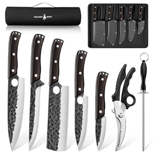 Golden Bird Japanese Chef Knife Set with Roll Bag, Hand Forged Butcher Knife Set for Meat Cutting, Outdoor BBQ Knives for Men, Christmas Gifts for Men Women, 7PCS