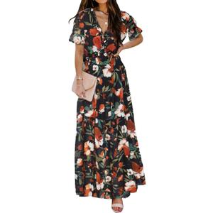BLENCOT Womens Casual Boho Floral Printed V Neck Short Sleeve Long Evening Dress Ruched Cocktail Party Maxi Wedding Dress (Large, Black)