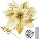 65pcs Gold Christmas Poinsettia Artificial 5.9", Glitter Berries with Stems, Clips for Christmas Tree Decoration, Wreath Ornaments for Xmas Wedding Party Decoration