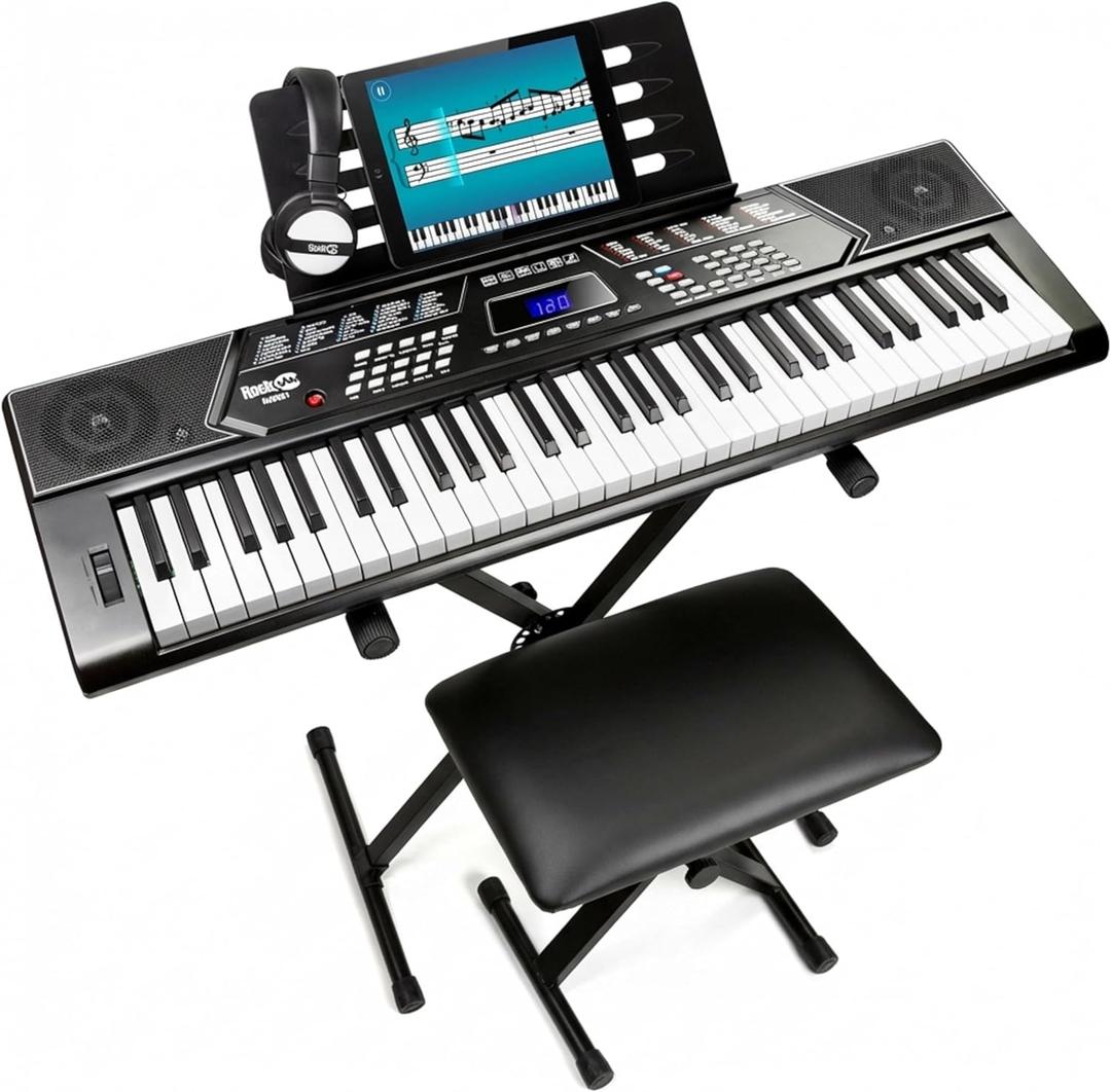RockJam 61 Key Keyboard Piano Stand With Pitch Bend Kit, Piano Bench, Headphones, Simply Piano App & Keynote Stickers, Full-size