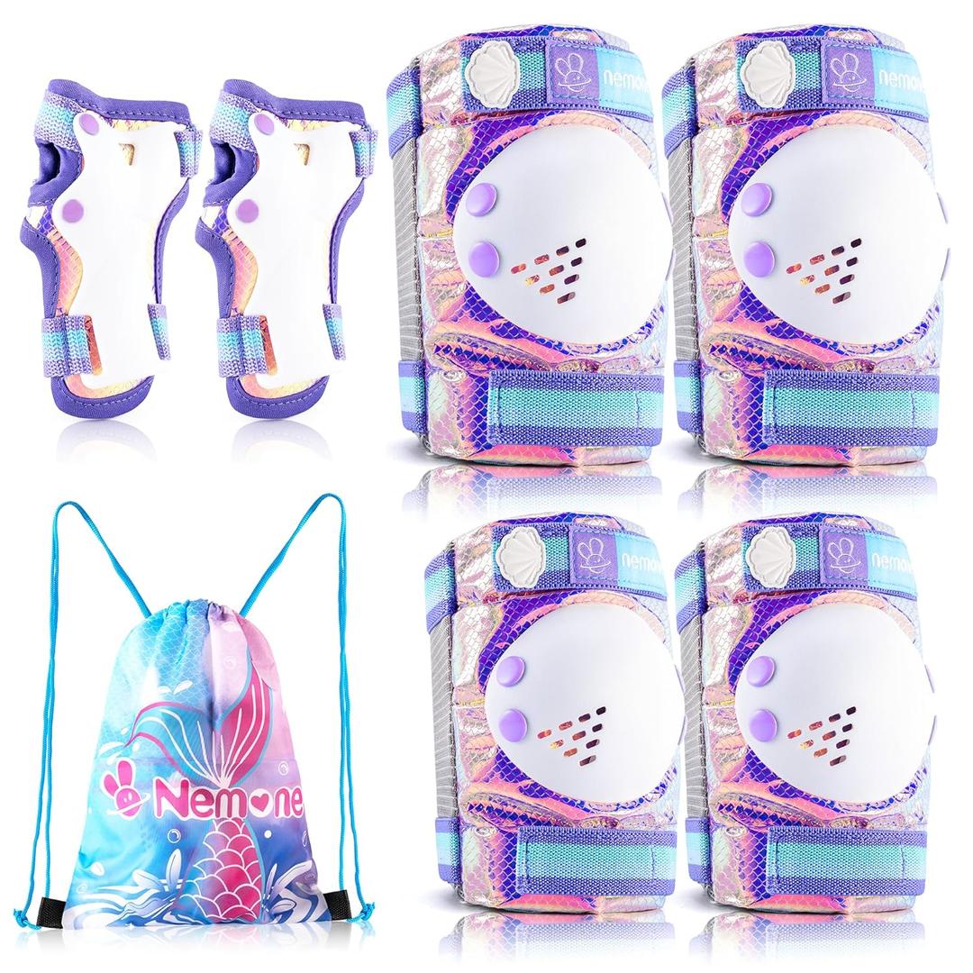 NEMONE Mermaid Knee Pads for Kids, Girls Boys Knee Elbow Pads Wrist Guards with Drawstring Bag, Adjustable Reflective Protective Gear Set for Roller Skates Bike Cycling Skateboard Scooter (Medium, Purple)