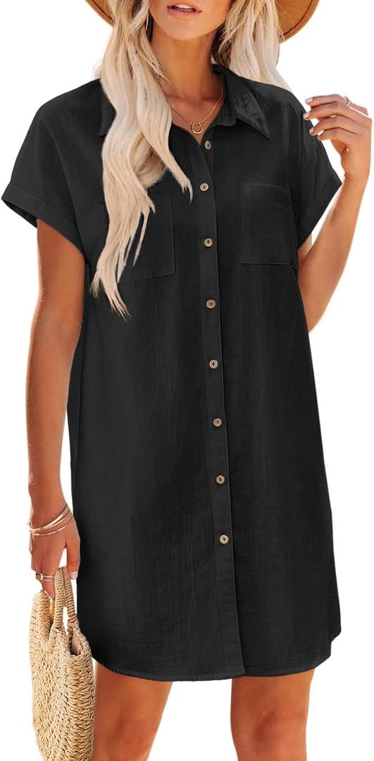 Zeagoo Summer Dresses for Women 2026 Cotton Button Down Short Sleeve Tshirt Dresses Casual Mini Beach Dress Classic Black, Medium