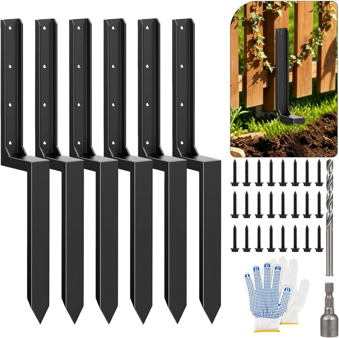 Heavy Duty Fence Post Repair Kit (6-Pack) – 11-Gauge 3mm Thick Galvanized Steel H-Shaped Ground Spikes, 33.6" Long Drive-in Anchors for Fixing Leaning or Rotted 4x4 & 6x6 Wood Posts
