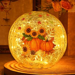 FRAMICS 5.9" Fall Decorations for Home Sunflower Pumpkin Crackle Glass Balls Led Globe Light with Timer Thanksgiving Decorations Lighted Fall Decor Thanksgiving Centerpieces for Tables Gift