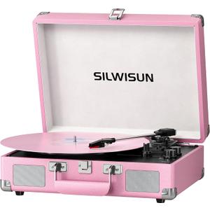 Silwisun Vinyl Record Player with Speakers Vintage Bluetooth Turntable, Battery Powered Portable Pink Vinyl Player, Retro Suitcase Phonograph, 3-Speed Lp Player RCA Out AUX in Headphone Jack (Pink Silvery)