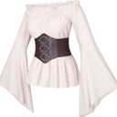 Womens Renaissance Victorian Peasant Ruffle Smocked Waist Boho Pirate Shirt Blouse with Belt Set (Large, Beige)