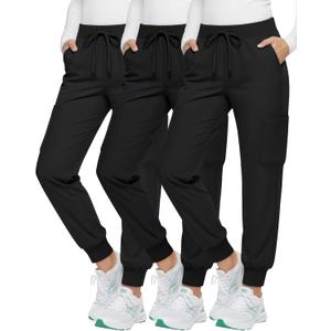 3 Pack Womens Scrub Pants Cargo Jogger Bottoms with Pockets Elastic Drawstring Waistband Soft Stretch Yoga Pants (Large, Black)